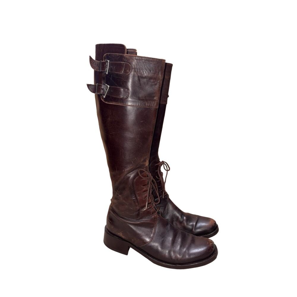 Goffredo Fantini Brown Leather Buckle Lace Up Tall Boots Size: EU 38.5/ US 8